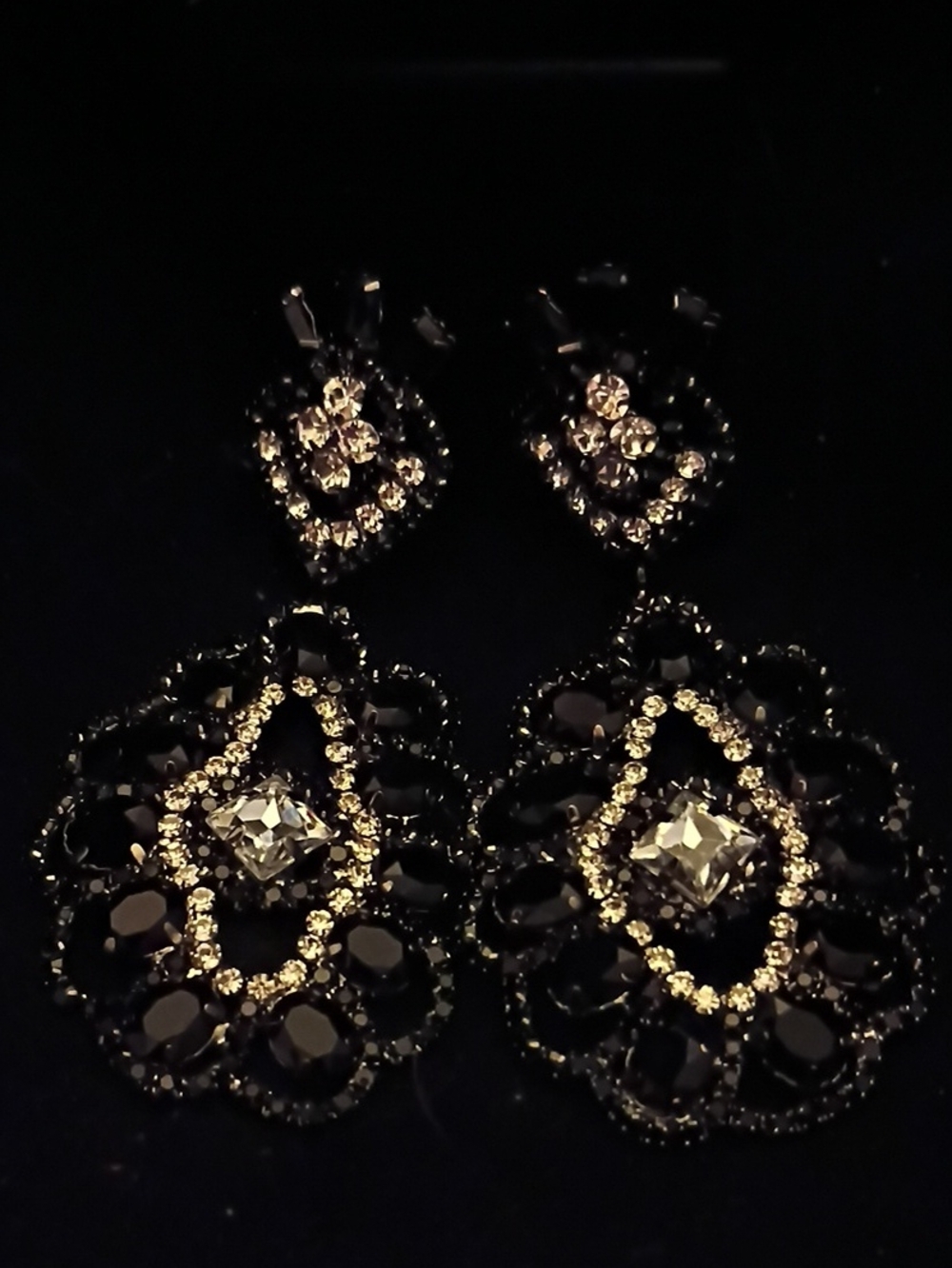 Gold and Black Crystal Drop Earrings — Elegant Statement Pair